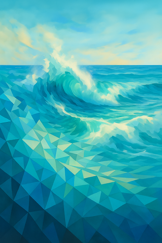 an image evocative of the fractured elements of self resolving into the beatiful fluid ocean of wellbeing